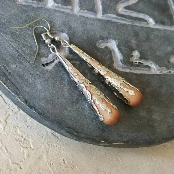 Handcrafted Victorian Style Brown Wood Silver Filigree Teardrop Earrings - Picture 3 of 7